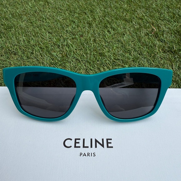 Celine MONOCHROMS 55mm Square Shiny Turquoise Smoke Green Sunglasses CL40249U - Picture 4 of 12